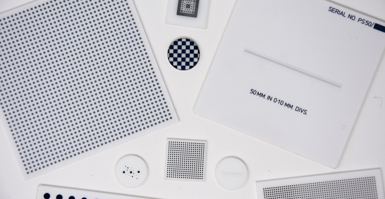 White Glass Reticles, Resolution Charts, Scales, Dot Arrays and Chequerboards