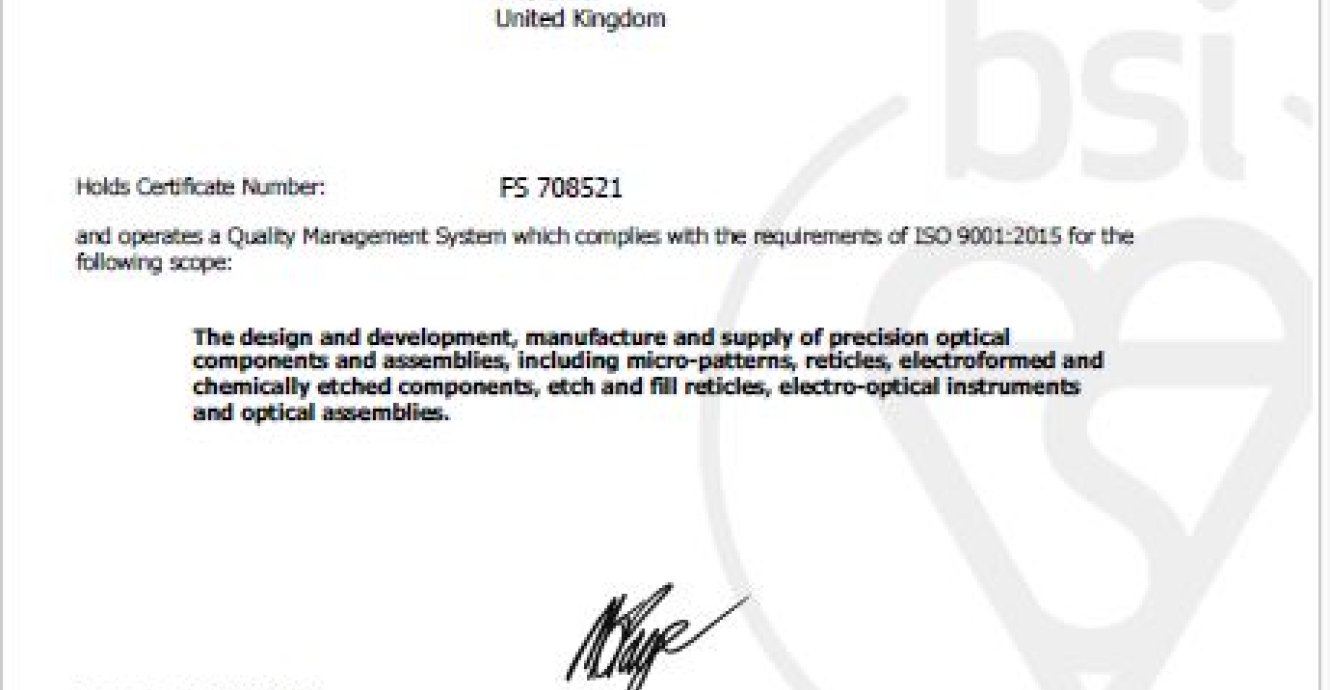 Graticules Optics ISO 9001:2015 Accreditation