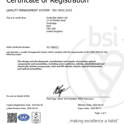 Graticules Optics ISO 9001:2015 Accreditation