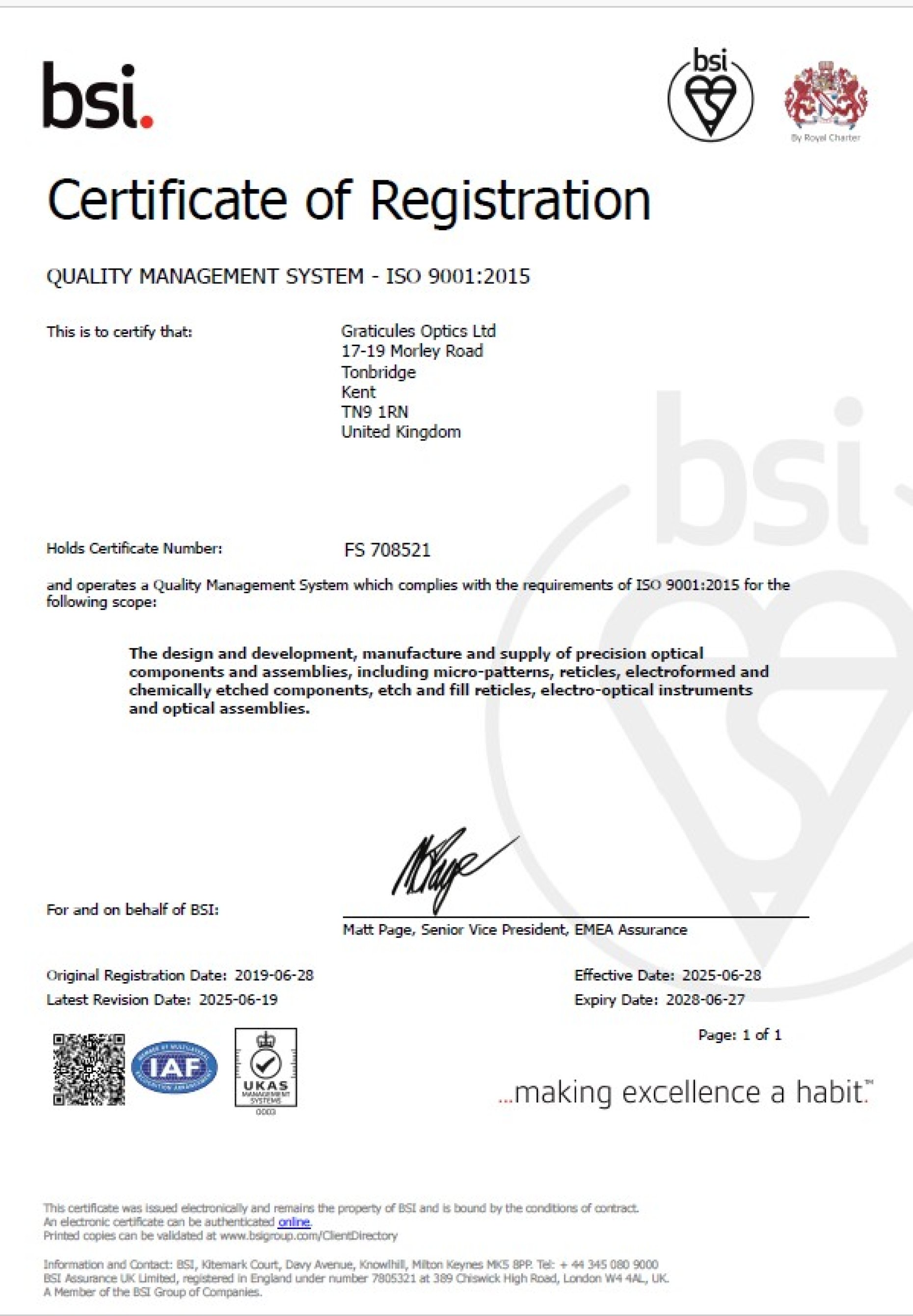 Graticules Optics ISO 9001:2015 Accreditation