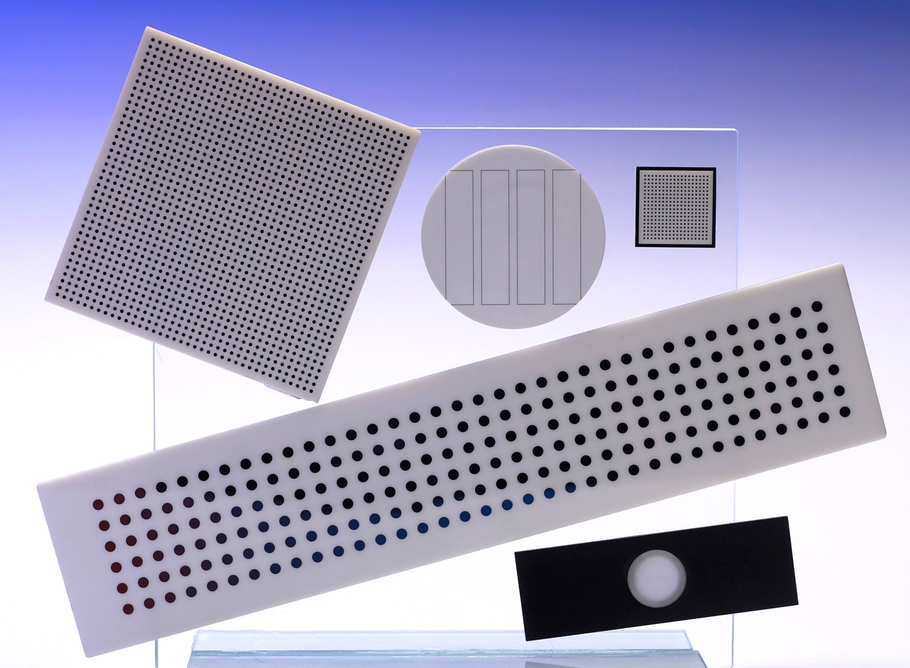 White Glass Reticles, Resolution Charts, Calibration Scales, Dot Arrays, Ronchi Rulings & Chessboards